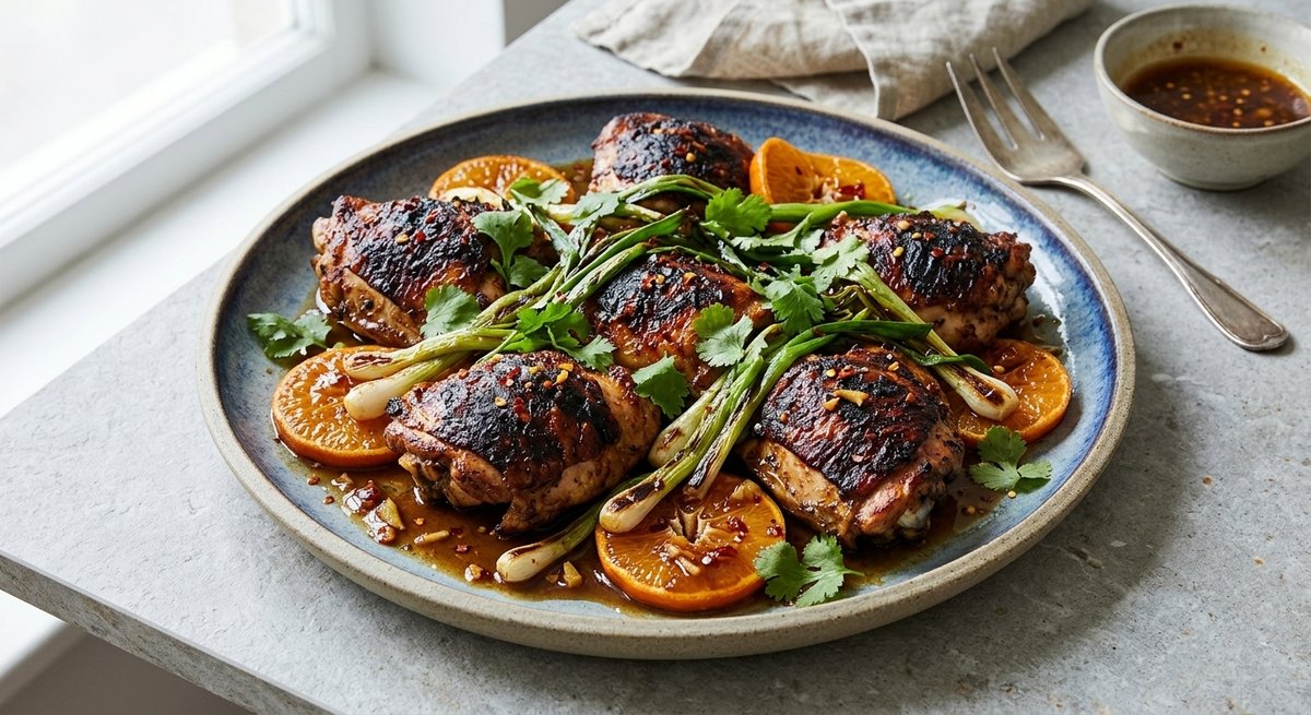 Dunkel gebratene Hähnchenkeulen mit Karamell-Clementinen-Dressing